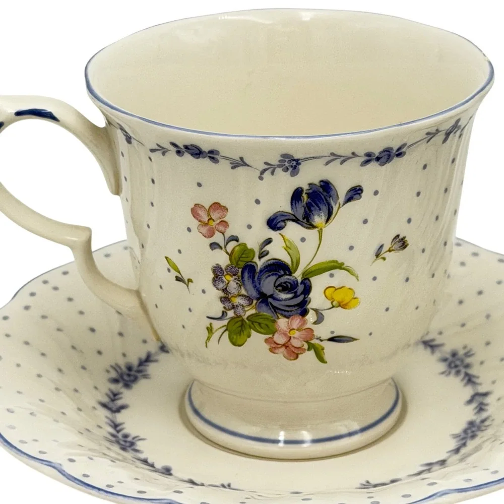 Vtg Nikko Blue Peony Floral Polka Dot Tea Cup and Saucer Swirl Set of 2 READ